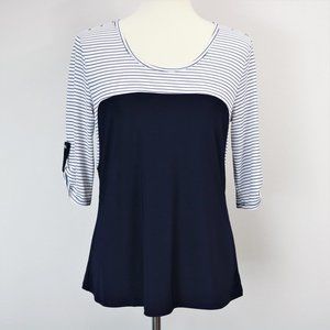 Susan Lawrence Navy White Striped Color Block ¾ Sleeve Top Women’s Size PM
